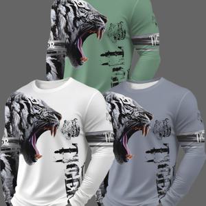 TEMU 3개 남성용 캐주얼 긴팔 티셔츠 - 화이트, 연두색, 연한 파랑색, 대담한 