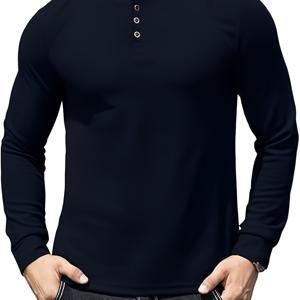 TEMU 남성 빈티지 헨리 셔츠 - 부드럽고 통기성 좋은 원단, 클래식 핏 긴소매 버튼업 칼라, 루즈핏 캐주얼 스타일, 솔리드 블랙 보온 속옷 (가을용), 의류 | 클래식 핏 셔츠 | 편안한 착용감