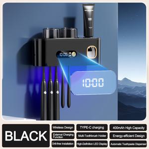 TEMU 1 스마트 칫솔 홀더 자동 치약 디스펜서 포함 - 벽걸이형, 5구획 수납, 내구성 플라스틱, USB 충전 배터리, 모던 욕실 정리대 & 홈 데코, 치약 거치대, 세련된 디자인, 현대적 장식, 오래가는 소재, 튼튼한 구조, 가족용