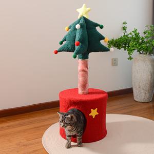 TEMU 크리스마스 트리 스크래칭 포스트 & 침대 (클라이밍 프레임 포함) - 공간 절약형 튼튼한 사이잘 로프 트리 (빨강 & 녹색 장식), 고양이용 부드러운 플러시 침대 - 스크래치 방지, 무독성, 간편한 청소, 소형 고양이 & 새끼 고양이에게 적합