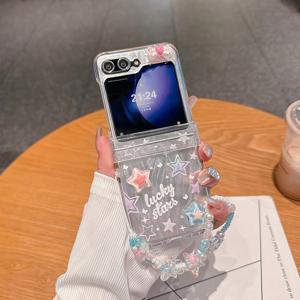 TEMU 컬러풀 스타 하트 보우노트 튤 접이식 폰 케이스 체인 포함, 삼성 갤럭시 Z 플립 3 4 5 6 7 호환