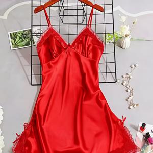 TEMU 여성용 여름 V넥 섹시 캐미솔 나이트가운, 아이스 실키 섬유 레이스 순수한 욕망 미니 드레스, 프렌치 스타일 라운지웨어