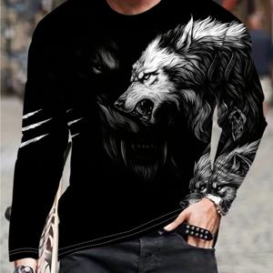 TEMU 남성용 3D 늑대 프린트 긴팔 티셔츠 - 블랙 캐주얼 크루 넥 티, 화이트 늑대 디자인, 사계절 편안한 핏, 캐주얼 의상에 완벽, 일상용 티셔츠 | 대담한 그래픽 티 | 편안한 핏, 그래픽 티셔츠 남성용, 긴팔 티셔츠 남성용, 남성용 티셔츠, 남성용 티셔츠, 남성용 티셔츠