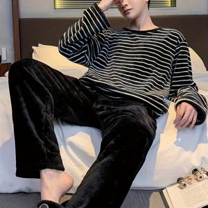 TEMU 남성용 코랄 파자마 가을 겨울 두꺼운 플란넬 따뜻한 청년 홈웨어 가벼운 세트|잠옷|남자옷|옷