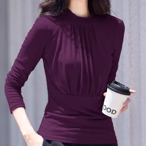 TEMU 여성용 우아한 버건디(보라색 느낌) 고탄력 긴팔 블라우스 - 주름 방지 라운드넥 슬림핏 튜닉 탑, 사무실, 캐주얼 & 정장용, 봄/가을 시즌, 세탁기 사용 가능 (진한 레드 느낌)