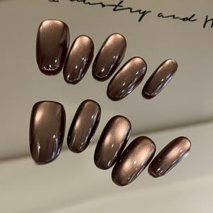 TEMU 10개입 핸드메이드 프레스온 네일 숏 오벌 쉐입 - 딥 브라운 커피 글로시 & 스파클링 캣아이 효과 인조 네일, 숏 길이 네일 팁 (글루 미포함) - 살롱 퀄리티 매니큐어 세트