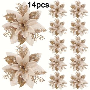 TEMU 14개입 5.51인치 크리스마스 포인세티아 꽃 글리터 인조 꽃 클립 포함 크리스마스 트리 장식, 홈 리스 가랜드 파티 데코, 축제 장식품,휴일 장식,장식 액센트,반짝이는 꽃들,원단 소재,내구성 있는 장식품,클립온 플라워,홈 데코레이터,축제 선물 구매자