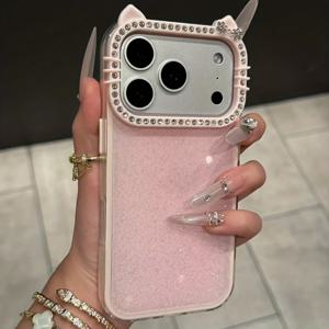 TEMU 아이폰 16 Pro Max, 16 Pro, 16, 16 Plus, 15 Pro Max, 15 Pro, 15 Plus, 15, 14 Pro Max, 14 Pro, 14 Plus, 14, 11, 12, 13에 적합하게 디자인된 솔리드 컬러와 라인스톤 글리터가 돋보이는 사랑스러운 3D 고양이 귀 휴대폰 케이스입니다. 이 매력적인 동물 테마 글로스.