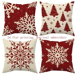 TEMU 4pcs 베개커버 세트, 2D 프린팅 크리스마스 스타일 베개커버 (눈송이, 크리스마스 트리, 별 디자인), 레드 & 화이트, 비자수, 거실 소파 및 침대 장식용 (베개 포함되지 않음), 계절별 침구,현대적인 휴일,별무늬,지퍼 클로저,비자수 원단,장식용 베개 커버,축제 분위기 쿠션,휴일 쇼핑객,선물 구매자