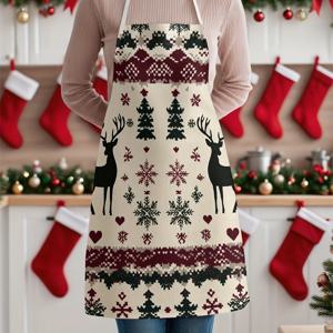 TEMU 1개 크리스마스 사슴 테마 프린트 앞치마, 작업, 파티, 요리, 다양한 휴일 및 식사 장소에 적합