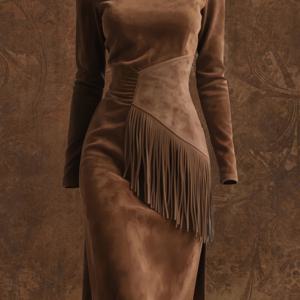 TEMU 여성용 빈티지 웨스턴 카우걸 드레스 - 프린지 헴 & 프린지 소매, 슬림핏 A라인 미디 롱 슬리브 브라운 드레스 - 웨스턴 웨딩, 로데오 이벤트, 테마 파티용 - 세탁기 사용 가능한 러스틱 의상