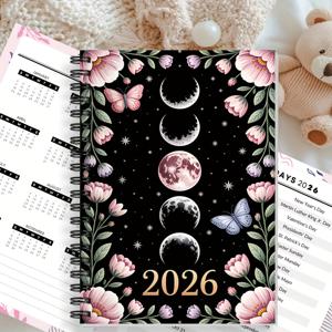 TEMU 1 Sky 스파이럴 노트북 다이어리 - 플로럴 디자인의 달빛 플래너, 블랙 별이 빛나는 하늘 배경, 핑크 및 블루 나비, 월간 및 일일 플래너, 대학, 사무실, 개인 정리, 영어
