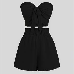 TEMU 심플 바캉스 스타일 로맨틱 비치 데이트 탑 + 숏츠 투피스 세트, 원숄더 크롭탑, 프렌치 스타일 신축성 허리 캐주얼 숏츠, 여성용 패셔너블하고 다용도