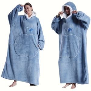 TEMU 10가지 색상, 스타일리시 플리스 안감 후드 파자마 (애플 포켓 연장형), 100% 폴리에스터, 손세탁 전용, 편안하고 따뜻한 방풍 커플 세트, 가을 겨울 필수 아이템, TV 파라볼라 디자인