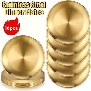 TEMU 10개, 6.69인치 골든 스테인리스 스틸 디너 플레이트, 샐러드 플레이트, 디저트 플레이트, BBQ 플레이트, 주방, 캠핑, 야외 피크닉, 뷔페, 파티, 웨딩용, 쌓기 가능, 공간 절약, 식기세척기 사용 가능