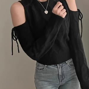 TEMU 여성용 겨울 빈티지 오프숄더 스웨터, 숏 디자인 타이 디테일 롱 슬리브 탑|반팔니트