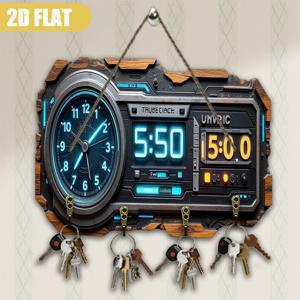 TEMU 트루클로 대형 빈티지 우드 벽시계 키홀더 포함 - /디지털 디스플레이, 레트로 라디오 디자인과 그린 핸즈 & 네온 글로우, 멀티기능 키 수납, 우드 러스틱 시계, 홈, 현관, 입구용, 9.06x11.81인치, 2D 플랫|시계|벽시계|벽시계