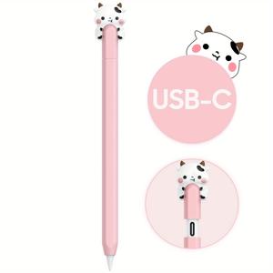 TEMU 귀여운 만화 소 & 복숭아 실리콘 보호 케이스, Apple Pencil 3세대 USB-C용 - 내구성 있고, 자석 부착 호환, 핑크색과 환상적인 디자인