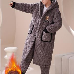 TEMU 남성용 겨울 플란넬 세트 - 후드가 있는 편안한 3겹 두꺼운 플리스 안감 로브, 긴 소매, 포켓, 캐주얼 루즈핏 홈 및 라운지용, 겨울 잠옷 | 후드 로브 | 폴리에스터 섬유, 두꺼운