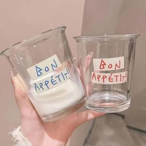 TEMU 프랑스 스타일 유리 커피 컵 2개, 둥근 절연 재사용 가능한 문자 프린트 우유 주스 유리