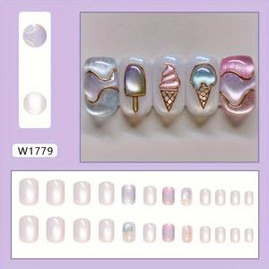 TEMU 24개 스위트 캣 아이 프레스온 네일 - 광택 있는 짧은 사각형, 핑크 & 화이트 그라데이션 혼합 색상, 골든 액센트 및 스월 디자인으로 유쾌한 룩, 고양이 애호가 선물