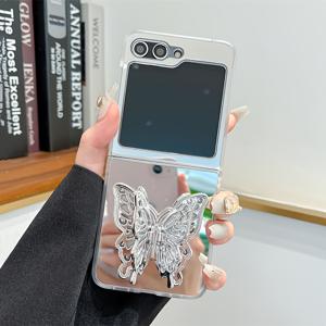 TEMU 폰 케이스: 심플하고 스타일리시한 3D 접이식 나비 브라켓 홀더 미러 하드 폰 케이스, 갤럭시 Z 플립 6 Z 플립 5 Z 플립 4 Z 플립 3 INS 충격 방지 백커버