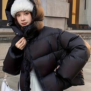 TEMU 1pc 캐주얼 스타일 후드 블랙 퍼거 코트, 포켓이 있는 100% 폴리에스테르 두꺼운 따뜻한 아우터웨어, 루즈핏 플레어 헴, 긴 소매 단색 직조 자켓|여성의류