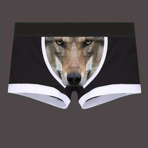 TEMU 1개 남성용 늑대 프린트 복싱 브리프 속옷 - 레드 & 화이트 트럭커 스타일 탄성 복서 반바지, 늑대 얼굴 디자인, 체육관, 캐주얼 웨어 및 테마 이벤트용 통기성 착용감 - 신기한 동물 코스튬 양말 같은 바지