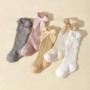 TEMU 5켤레 여아용 통기성 메쉬 무릎까지 오는 양말, 귀여운 리본 장식 - 부드러운 폴리에스터, 손세탁 전용, 봄/여름에 완벽 - 회색, 핑크, 베이지, 화이트, 귀여운 양말