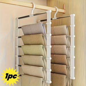 TEMU 공간 절약형 접이식 스테인리스 바지 걸이 - 다층 화이트 플라스틱 청바지 정리대, 타이트 & 캐주얼웨어용, 소매 디스플레이 랙, 옷장 수납 솔루션, 의류 정리 보관함