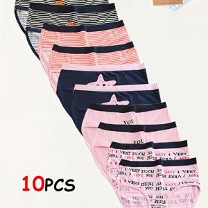 TEMU 소녀용 프린트 팬티 10개 세트, 청소년을 위한 미디웨이스트 브리프, 귀엽고 달콤한 무봉제 팬티