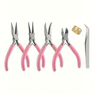 TEMU 핑크 & 블랙 6종 세트 (바늘머리 플라이어, 가위, 구부러진 머리 플라이어, 둥근 머리 플라이어, 핀셋, 오픈링 포함), 주얼리 제작용