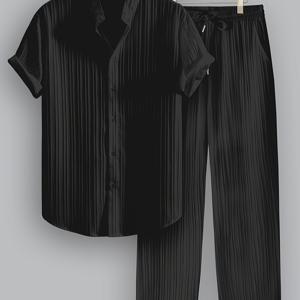 TEMU 2피스 남성용 여름 폴리에스터 정장, 반팔 스탠드 칼라 셔츠와 끈 조절 바지, 캐주얼 및 해변 휴가에 적합한 단색