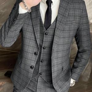 TEMU 남성용 3피스 스코티시 타탄 수트 세트 - 헤비웨이트 웨딩 & 비즈니스 수트, 겨울 정장 (코트, 조끼, 바지 포함) - 다크 그레이/블랙/브라운 - 손세탁/드라이클리닝 - 맞춤 핏