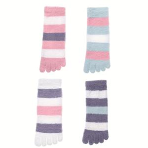 TEMU 4 쌍 여성용 줄무늬 인조 양말 - 집과 수면을 위한 발가락 없는 디자인으로 부드럽고 따뜻한 다섯 발가락 슬리퍼 양말, 파스텔 핑크/블루/그레이/화이트, 편안한 소재, 기계 세척 가능, 귀여운 양말