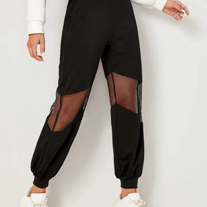 TEMU 여성용 캐주얼 스포츠 긴 바지 1벌. 레터링 탄성 허리 밴드, 메쉬 스플라이싱, 루즈하고 통기성이 좋으며 속건성 디자인으로 운동, 피트니스, 요가, 조깅, 테니스 및 헬스장 웨어에 적합합니다.