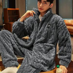 TEMU 남성용 겨울 플란넬 두꺼운 벨벳 잠옷 세트, 지퍼 포함, 따뜻한 코랄 플리스 투피스 라운지웨어, 가을과 겨울용|옷|파자마|바지
