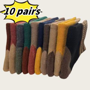 TEMU 남녀용 10 쌍 두꺼운 허벅지 상의 양말 - 따뜻한 줄무늬 및 단색, 폴리에스터/스판덱스 블렌드, 가을 및 겨울 야외 사이클링에 완벽한, 손세탁/건조 세탁, 겨울 양말, 가을 신발, 편안한 니트 양말, 내구성 있는 니트 양말|신발|옷