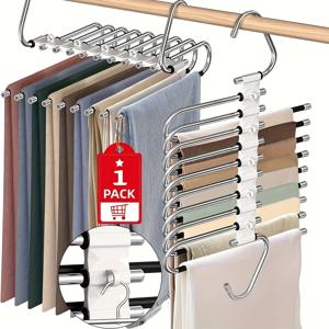 TEMU 새로운 접이식 9단 바지 랙 - 미끄럼 방지 스테인레스 스틸 디자인, 옷장 정리에 적합, 옷장 공간을 80% 절약, 다기능 옷장 보관 선반 | 옷걸이 옷 정리기