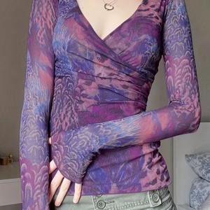 TEMU 여성용 Y2K 스타일 우아한 사이드 슬릿 V넥 긴팔 탑 - 보라색 꽃무늬 프린트와 크로스 허리 디테일, 캐주얼 또는 정장용 스트레치 & 통기성 원단, 귀여운 긴팔 상의