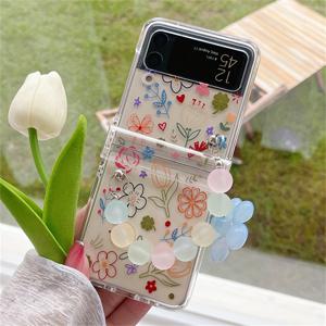 TEMU 삼성 갤럭시 Z 플립 모델 3~7용 귀여운 생동감 있는 꽃무늬 투명 폰 케이스, 트렌디한 한국 인스타 스타일의 3D 꽃 비즈 체인 및 접이식 뒷면 커버