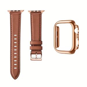 TEMU Apple Watch Iwatch SE/10/9/8/7/6/5/4/3/2/1세대에 적합한 2개 스트랩 세트, 하이 코어 스트랩 + 홀우드 케이스, 초박형, 부드럽고 조절 가능한 손목 밴드, 도금된 충격 방지 시계 보호 케이스 포함, 패셔너블한 여성용 합성 가죽 W