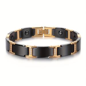 TEMU 남성용 18K 금 도금 18K 금 도금 - 304 스테인레스 스틸 팔찌, 블랙 세라믹 및 큐빅 액센트 - 조절 가능한 자석 클래스, 일상 또는 휴가 착용을 위한 캐주얼 스타일, 휴가 액세서리, 세련된 디자인, 내구성 있는 보석