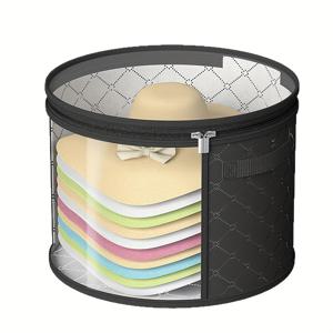 TEMU 강화된 손잡이, 이중 지퍼 및 스트랩이 있는 내구성 있는 접이식 모자 보관함 - 가벼우며 휴대하기 쉬운 모자, 선모자, 비치 모자, 옷 및 출퇴근 액세서리용 - 검정색, 부직포, 프린트 없음, 사계절 모두에 적합