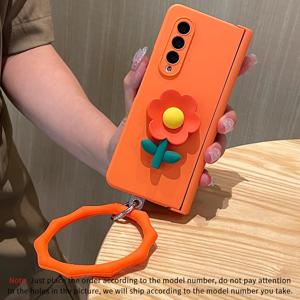 TEMU 오렌지 쉘 힌지 포함 + 3D 오렌지 꽃 패치 + 후크 카드 + 오렌지 핸드헬드 링 폰 케이스 Z Fold 7, Z Fold 6, Z Fold 5, Z Fold 4, Z Fold 3용