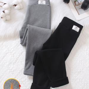 TEMU 여아용 두피스 세트: 가을과 겨울을 위한 패션적인 단색 플리스 안클 레깅, 야외 활동에 적합합니다.