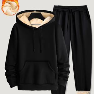 TEMU 남성용 블랙 플리스 안감 투피스 조깅 슈트 세트 - 끈 조절 스웨트팬츠와 후드 포함, 캥거루 포켓 디자인, 캐주얼 또는 휴일 착용에 완벽, 가을 겨울 남성용 의류, 패셔너블한 캐주얼 남성용 세트|코지 조깅 세트|우아한 조깅 슈트, 캐주얼 의류