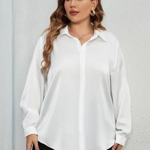 TEMU 플러스 사이즈, 여성용 화이트 오버사이즈 버튼프론트 블라우스 - 숏 칼라 & H-라인 드레스 스타일 버튼프론트 (벨트 없음) - 사계절용 숏 버튼 플래킷 - 캐주얼용 와이드핏 롱 슬리브 버튼업 셔츠|반팔블라우스