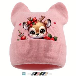 TEMU 1개 's 크리스마스 사슴 & 홀리 고양이 귀 비니 모자 - 귀여운 새끼사슴 얼굴 프린트, 가볍고 따뜻한 겨울 모자, 스키, 스노보드, 크리스마스 파티용 - 핑크/화이트/브라운/블랙/네이비 블루 - 이상적인 선물