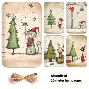 TEMU 50개 빈티지 & 크리스마스 태그 - 클래식 핀업 일러스트, 선물 포장, 트리 장식, 잡지 장식용 - DIY 공예, 스크랩북, 파티 데코용 구멍 뚫린 에페메라와 로프 포함